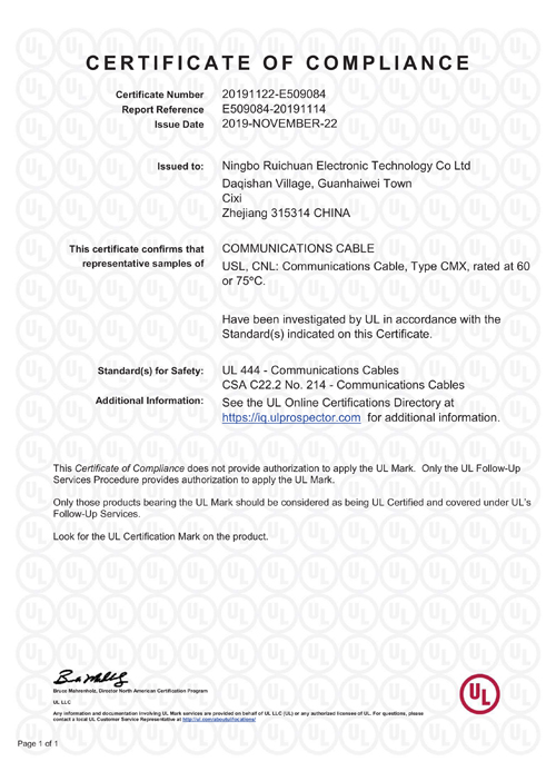 UL Ethernet Cable Certificate